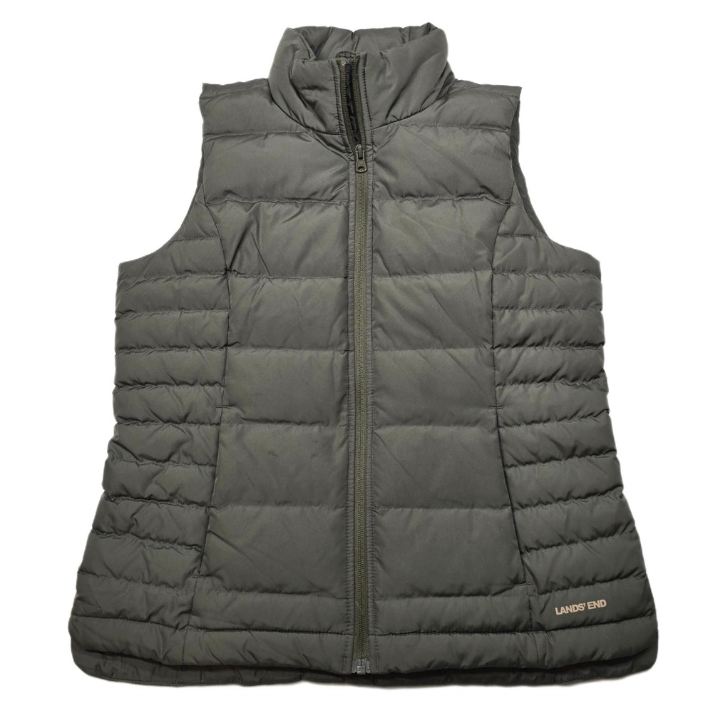 Lands End Down Puffer Vest Womens‎ Small Olive Green Zip Stand Collar